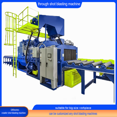 Elektrische rollenconveyor-schotblaasmachine voor het verwijderen van verf in geel en blauw