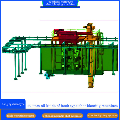 Elektrische overhead monorail hanger shot blasting reinigingsmachine met meerdere haakjes